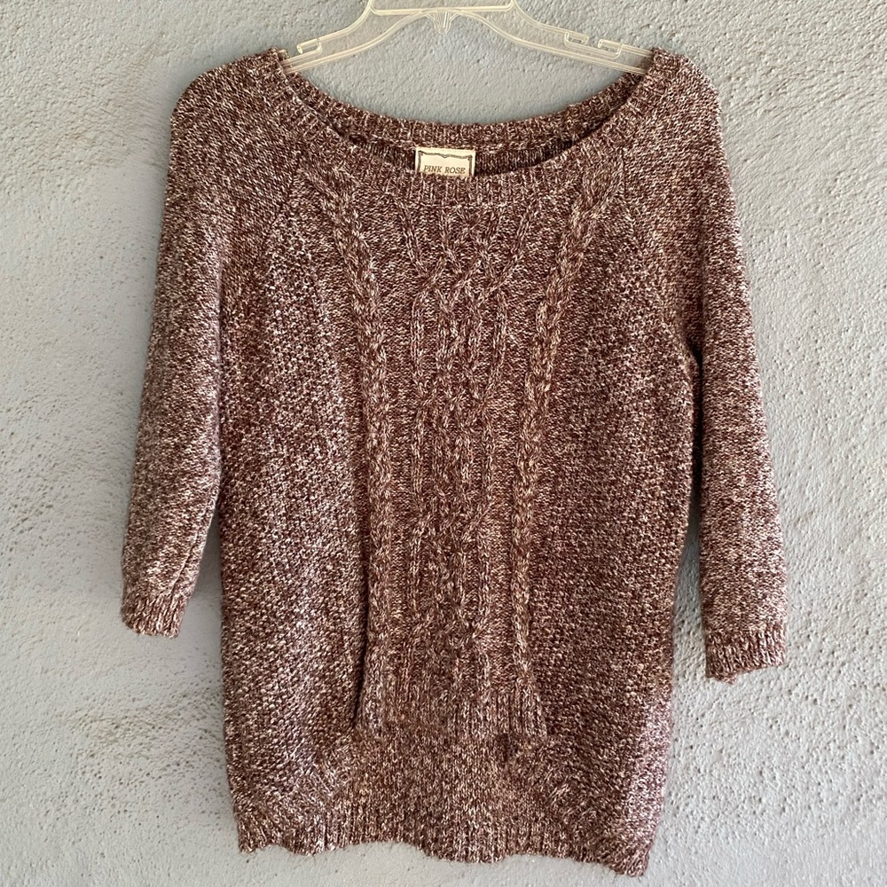 Y2K Vintage PINK ROSE Chunky Cable Knit Sweater Size Large Color Brown EUC